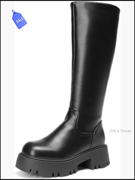Shoes - Knee High Chunky Platform Boots with Side Zip